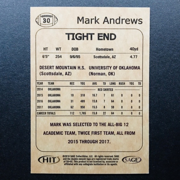 Mark Andrews RC - 2018 SAGE HIT #30 - Picture 2 of 2